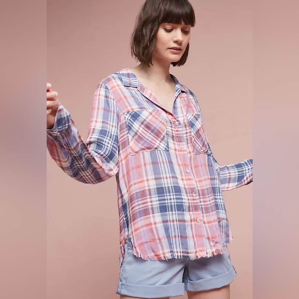 Anthropologie Cloth & Stone Western Frayed Plaid Buttondown Red and Blue Small